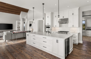 hardwood flooring in white kitchen